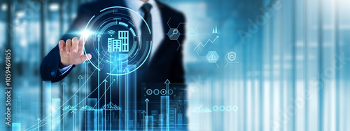 Fotografie Smart Building: Businessman touch smart building analyzing graph energy efficiency, automation, security systems, IoT integration, sustainability, real-time monitoring, occupant comfort