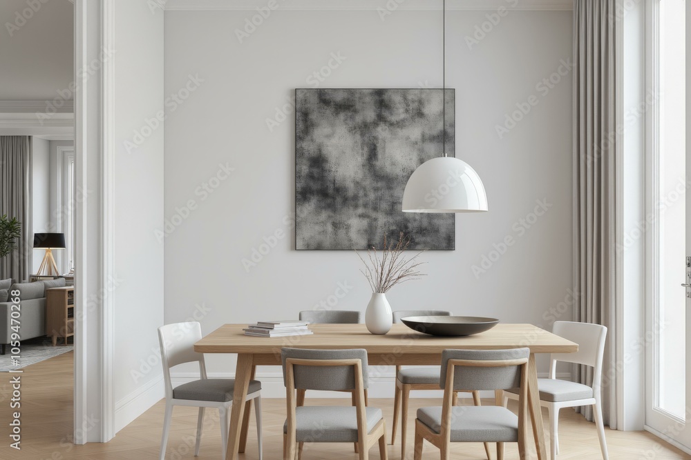 Fototapeta premium Minimalist Dining Room with Elegant Wooden Table, Modern Chairs, and Soft Ambient Lighting Enhancing Cozy Atmosphere