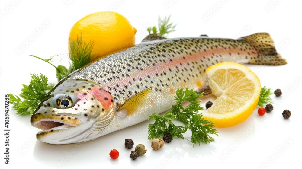 Fresh Whole Rainbow Trout Garnished with Lemon Slices, Herbs, and Spices on White Background Fresh Whole Rainbow Trout Garnished with Lemon Slices, Herbs, and Spices on White Background