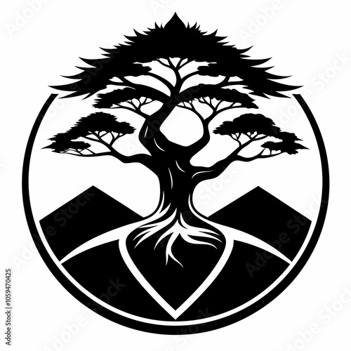 silhouette of a tree in a circle juniper tree black and white vector