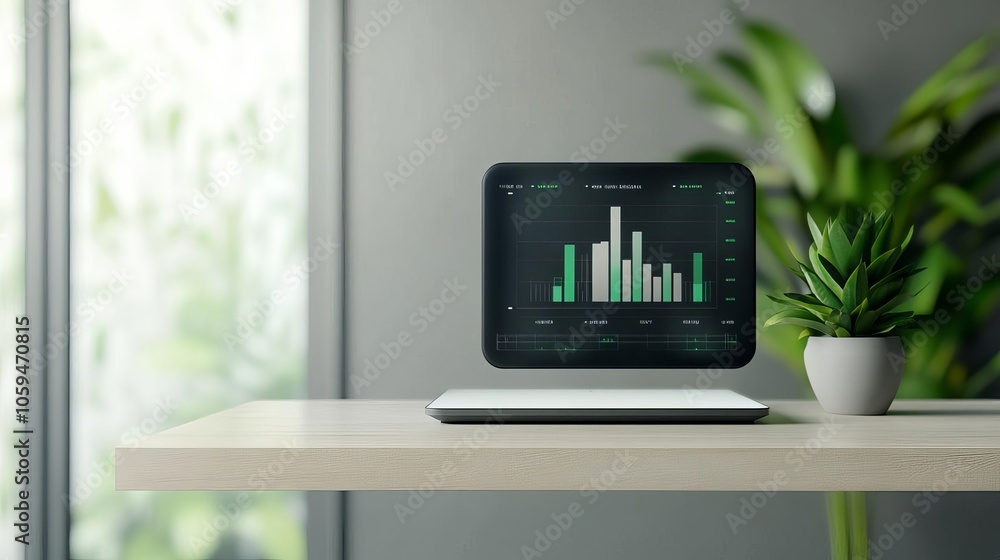 Virtual income analytics, floating data screen, modern office Virtual income analytics, floating data screen, modern office