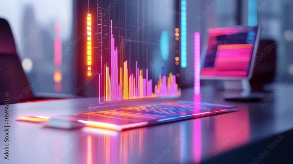 Virtual revenue analysis, futuristic graphs, modern executive desk Virtual revenue analysis, futuristic graphs, modern executive desk