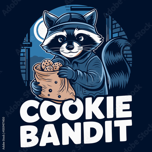 Cookie Bandit - Funny Raccoon Holding Bag of Cookies - T-Shirt Print Design