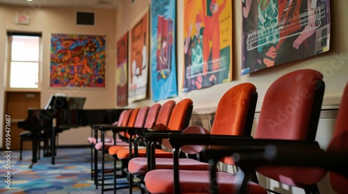 The room is adorned with colorful posters depicting famous choral pieces and inspiring quotes about the power of music. photo