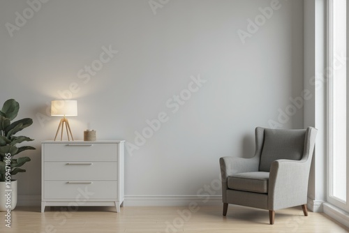 Minimalist Living Room Corner with Soft Lighting and a Comfortable Armchair Offering Serene Relaxation
