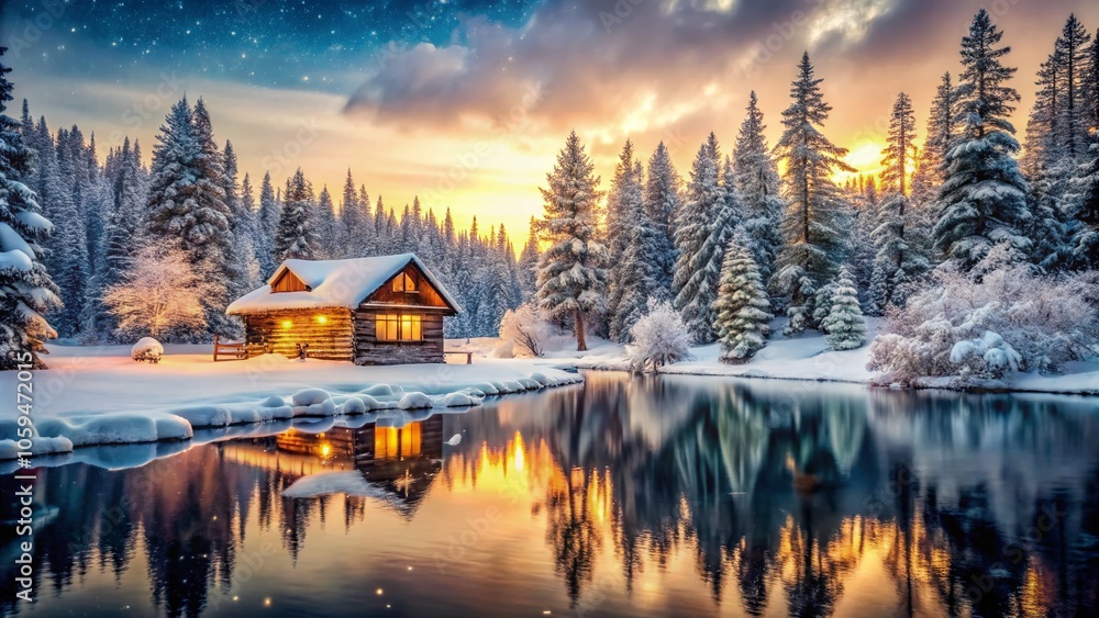 Fototapeta premium Vintage Winter Cabin in Snowy Wonderland - Serene Snow-Covered Trees, Frozen Lake, Cozy Retreat, Rustic Charm, Tranquil Nature Scene, Winter Escape, Scenic Landscape