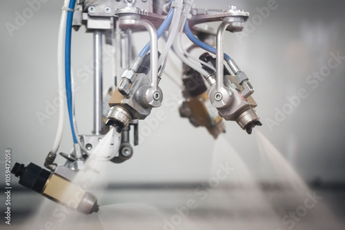 Close-up of industrial spray nozzles in operation of finishing

