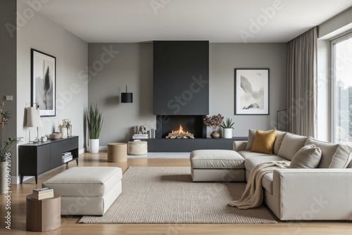 Modern Living Room with Neutral Tones, Cozy Fireplace, and Minimalist Design for Relaxation and Comfort