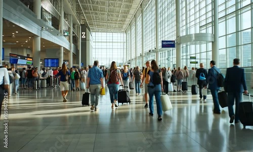 Busy airport terminal with travelers carrying luggage and moving around.