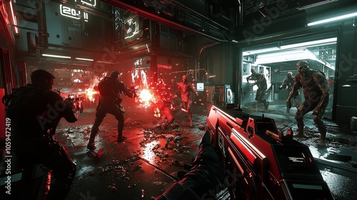 A futuristic virtual reality game where players battle zombies in a fully immersive environment, with glowing HUD elements and high-tech visuals