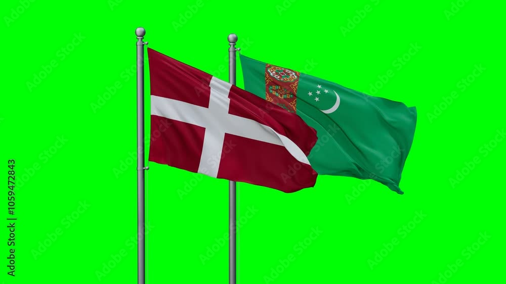 Turkmenistan and Denmark flags flying together, video concept of the relationship with colored chroma key for easy background remove, two country cooperation concept Turkmenistan and Denmark flags flying together, video concept of the relationship with colored chroma key for easy background remove, two country cooperation concept