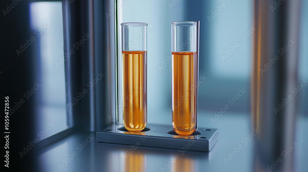 Close-Up of Test Tubes in Metal Holder with Orange Liquid and Empty Tube, Vibrant Color Contrast in Laboratory Setting Highlighting Glass Clarity and Professional Lab Environment Close-Up of Test Tubes in Metal Holder with Orange Liquid and Empty Tube, Vibrant Color Contrast in Laboratory Setting Highlighting Glass Clarity and Professional Lab Environment