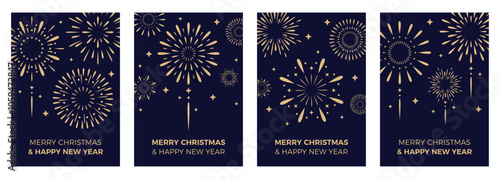 2025 Happy New Year greeting posters. New Year abstract cards with fireworks on black background. Fireworks posters. Flat simple style. Design concept for holiday banner, poster. Vector illustration