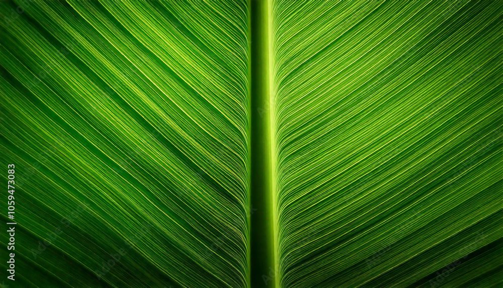 Detailed view of a vibrant green palm banana leaf, nature texture, background wallpaper Detailed view of a vibrant green palm banana leaf, nature texture, background wallpaper