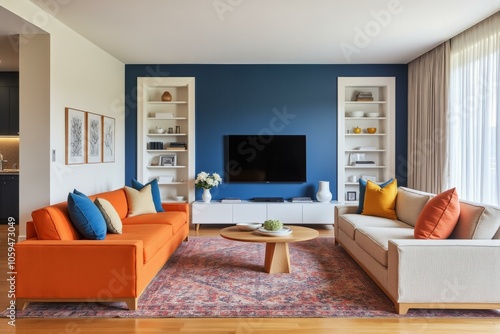 Vibrant Modern Living Room with Blue Wall, Orange Sofa, Floral Rug, and White Built-in Bookshelves Enhances Coziness and Style