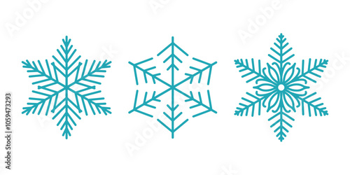 Beautiful snowflakes set, detailed hand drawn flat vector line illustration. Graphic outline drawing. Christmas and New Year symbol. Unique snowflake silhouette icon for frosty winter designs.