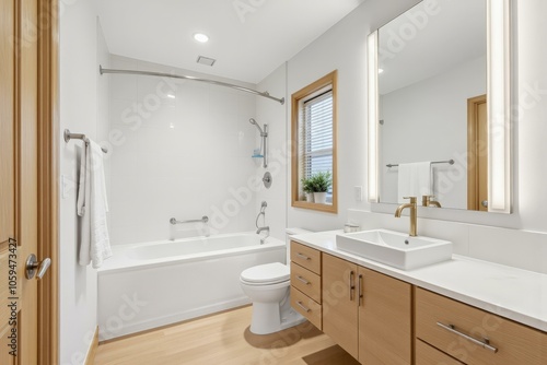 Modern Minimalist Bathroom Oasis Featuring Spacious Bathtub, Elegant Vanity, and Natural Light Enhancing Serene Atmosphere