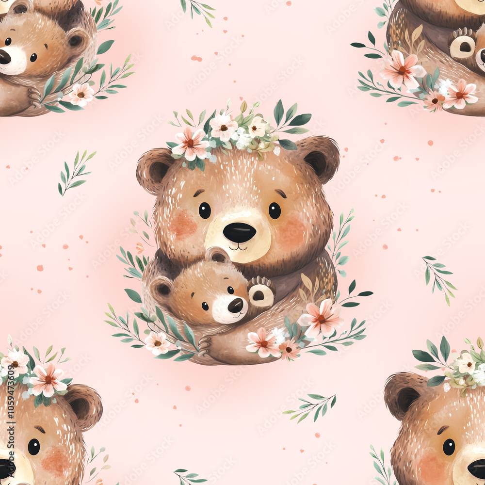 custom made wallpaper toronto digitalSeamless pattern with a cute baby bear with mom.
A repeating background with a bear. Children's seamless wallpaper in watercolor style.