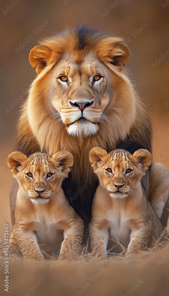 Protecting Lion Family Portrait, Powerful Male Lion With Two Adorable Cubs Resting In Golden Savanna Protecting Lion Family Portrait, Powerful Male Lion With Two Adorable Cubs Resting In Golden Savanna