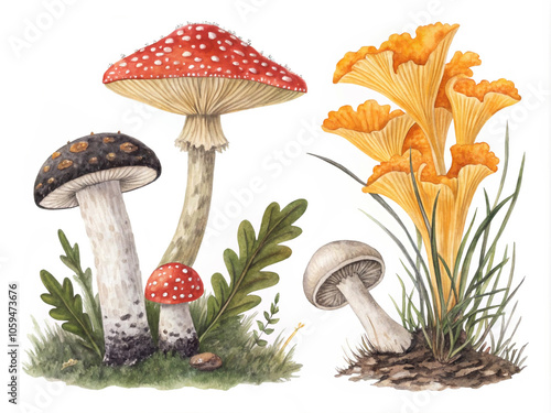 Watercolor Exotic Mushroom Collection Amanita, Black Trumpet, Coral Fungus photo