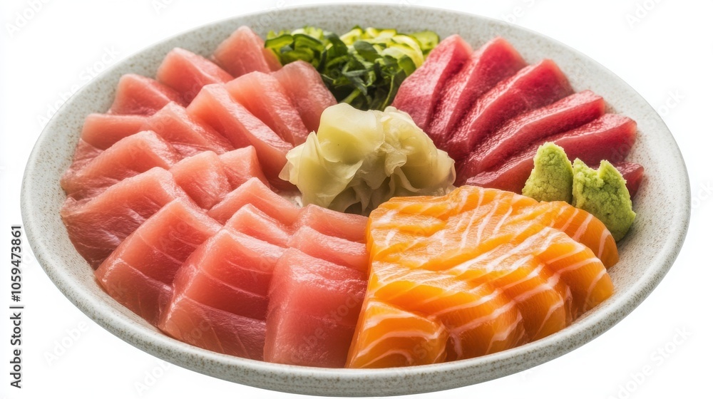 Sashimi platter with thinly sliced tuna, salmon, and yellowtail, presented with pickled ginger 