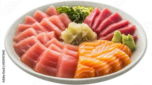 Sashimi platter with thinly sliced tuna, salmon, and yellowtail, presented with pickled ginger 