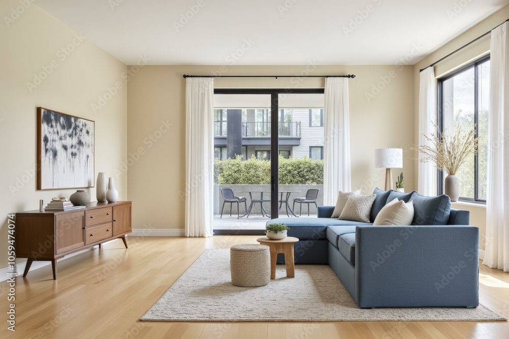 Fototapeta premium Modern living room featuring a comfortable blue sofa, natural light, and a spacious balcony overlooking an urban landscape, creating a cozy and contemporary atmosphere.