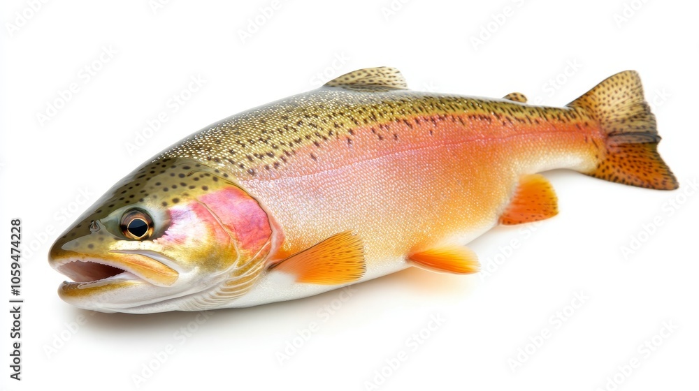 Freshly Caught Rainbow Trout Isolated, Fresh Water Fish on White Background, Close Up Freshly Caught Rainbow Trout Isolated, Fresh Water Fish on White Background, Close Up