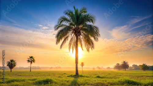 Tall palm tree stands alone in a serene landscape with soft focus and warm sunlight filtering through leaves, natural light, solitude, calm, outdoor scene