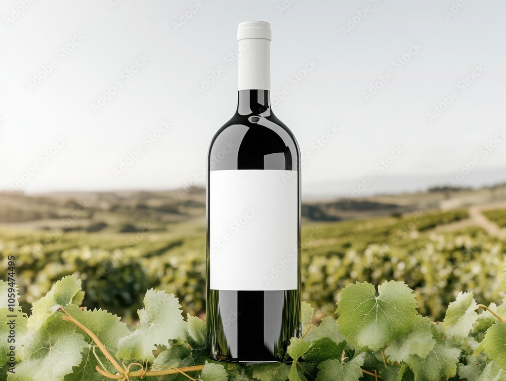 Fototapeta premium Elegant red wine bottle in a lush vineyard setting, perfect for showcasing your wine brand or vineyard.