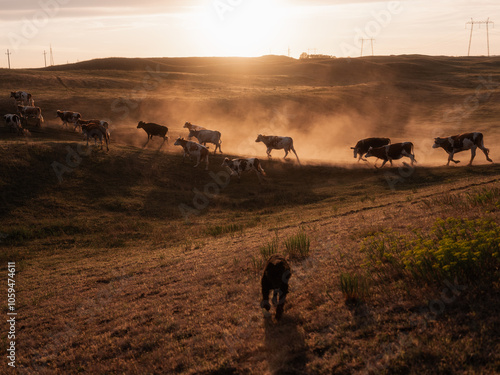 Cinematic Shot Of A Cattle Running In The Grassland During Sunset