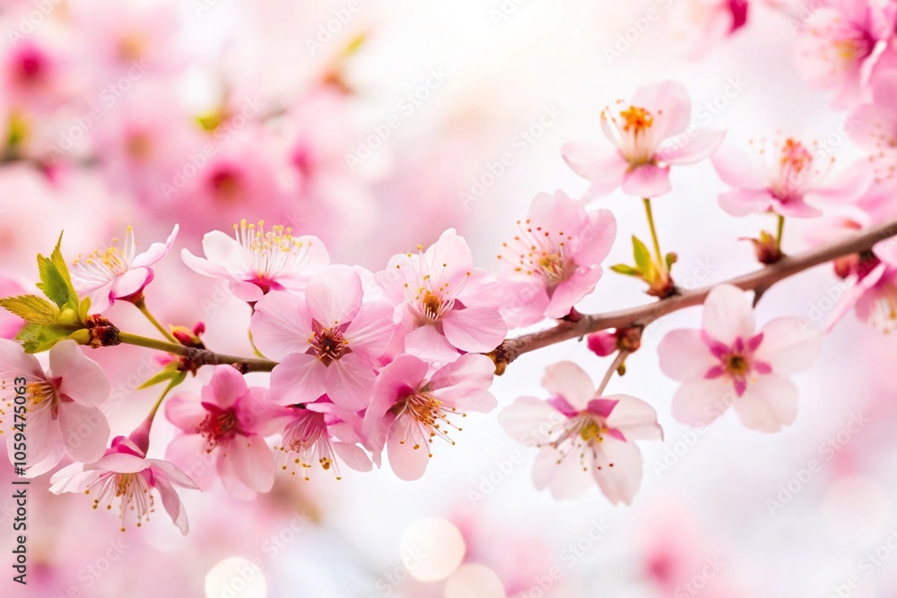 Naklejka premium Vibrant cherry blossom branch against a soft white background, calming scene, leafy greens