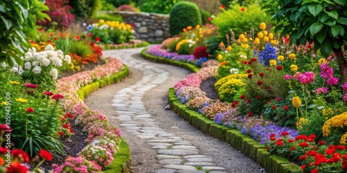 Vibrant blooms forming a vibrant edging along a winding stone path, garden paths, outdoor decorations, flowers in borders