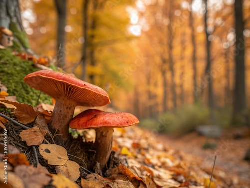 Wild Mushrooms in Autumn Forest - Delicious Edible Orange Red Pine Mushroom Lactarius deliciosus foraging in Nature's photo