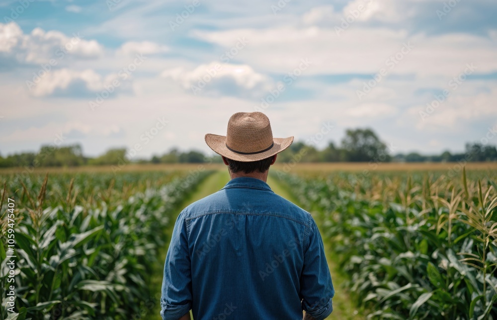 Man wearing a straw hat stands in a cornfield under a blue sky with fluffy clouds. Man wearing a straw hat stands in a cornfield under a blue sky with fluffy clouds.