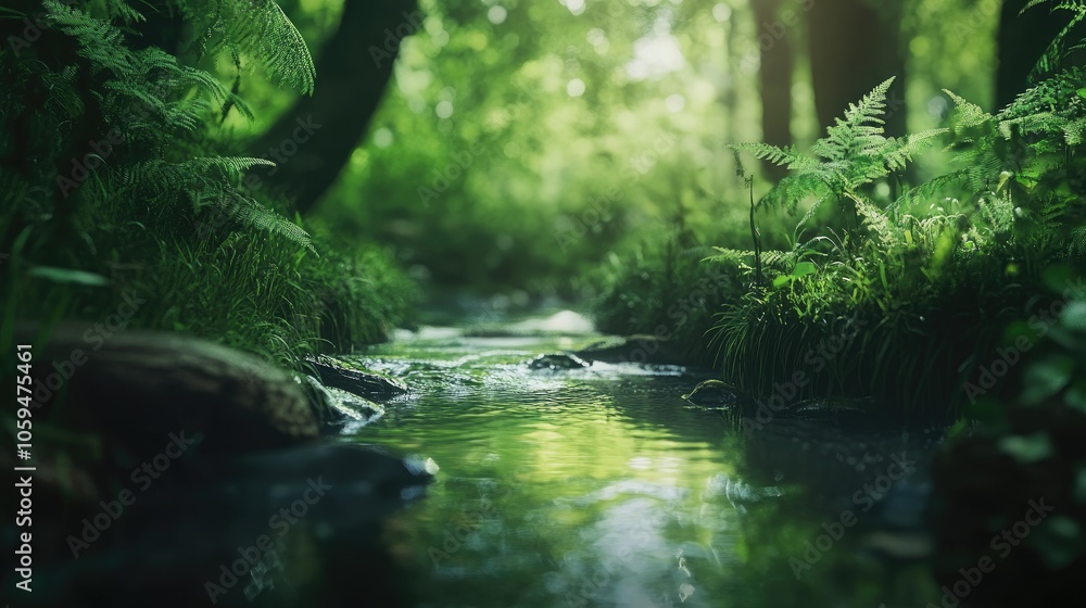 Forest stream in soft focus, lush green environment with space for overlay text. Forest stream in soft focus, lush green environment with space for overlay text.