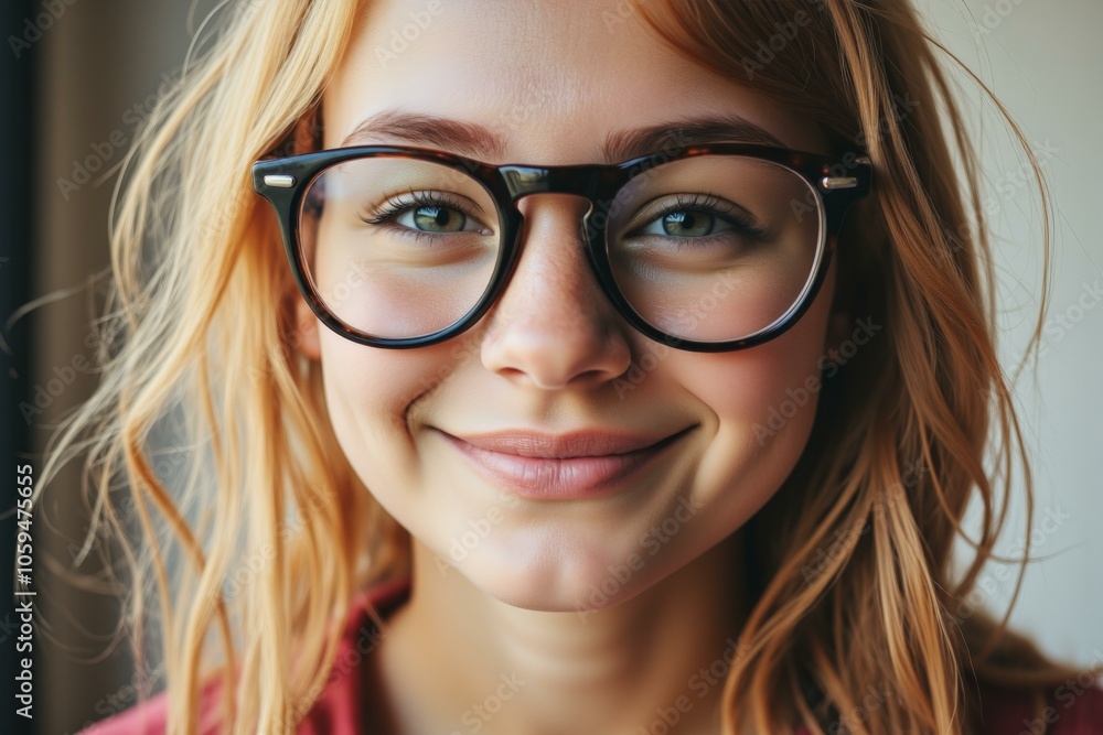 Confident Young Girl with Glasses Smiling Brightly in Indoor Lighting Showing Positive and Intelligence Confident Young Girl with Glasses Smiling Brightly in Indoor Lighting Showing Positive and Intelligence