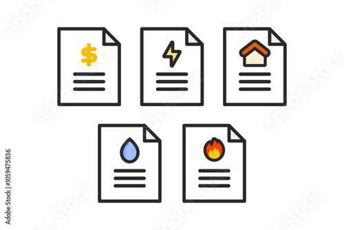 Bill icon set. Household electricity, water, gas, heat fee. Financial, consumption, expense, service, cost concepts. Colored outline vector design isolated illustration.