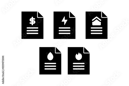 Bill glyph icon set. Household electricity, water, gas, heat fee. Financial, consumption, expense, service, cost concepts. Flat vector design isolated illustration.