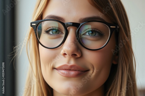 Woman wearing stylish round glasses smiling confidently, exuding intelligence and charm with soft lighting.