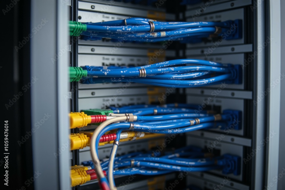 Advanced Server Network Configuration with Blue Ethernet Cables Inside a Modern Data Center Panel, Representing Connectivity and Efficiency. Advanced Server Network Configuration with Blue Ethernet Cables Inside a Modern Data Center Panel, Representing Connectivity and Efficiency.