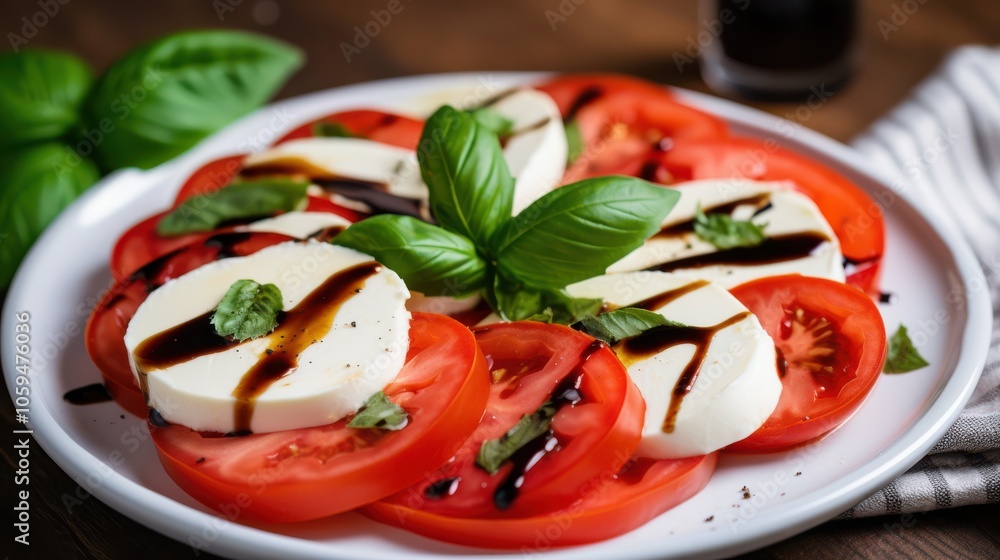 A vibrant Caprese salad of fresh tomatoes, mozzarella, basil, and balsamic, artfully arranged on a crisp white plate. A vibrant Caprese salad of fresh tomatoes, mozzarella, basil, and balsamic, artfully arranged on a crisp white plate.