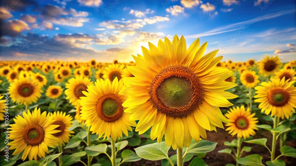 Warm sunflower field pattern featuring bright yellow petals and green stems against a soft blue sky, sunflowers, outdoors, organic, yellow Warm sunflower field pattern featuring bright yellow petals and green stems against a soft blue sky, sunflowers, outdoors, organic, yellow
