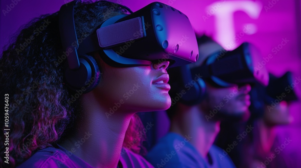 A group of young adults enjoying a virtual reality experience representing the excitement and innovation of immersive digital technology A group of young adults enjoying a virtual reality experience representing the excitement and innovation of immersive digital technology