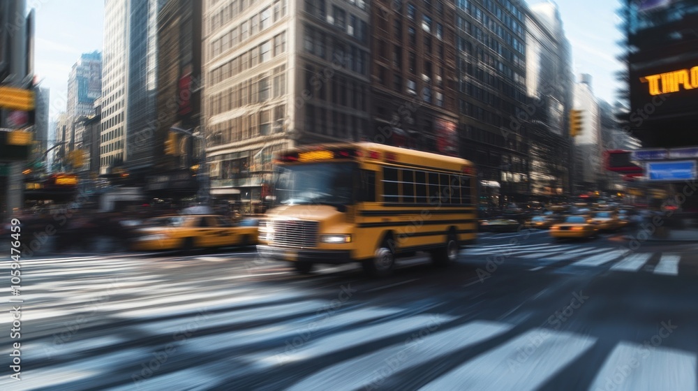 Obraz premium A yellow school bus drives through a busy city intersection with blurred traffic.