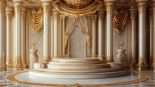 Luxurious scene with a grand podium set against intricate gold details, perfect for regal, high-status visuals.