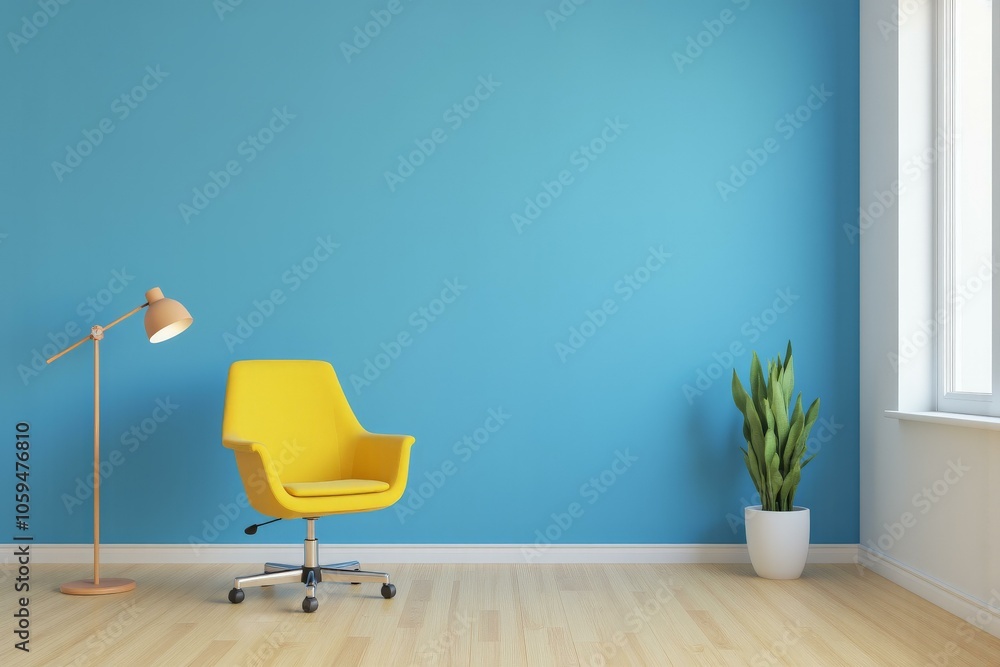 Minimalist Modern Home Office with Blue Walls, Yellow Chair, and Tall Lamp Creating Calm Focused Atmosphere. Minimalist Modern Home Office with Blue Walls, Yellow Chair, and Tall Lamp Creating Calm Focused Atmosphere.