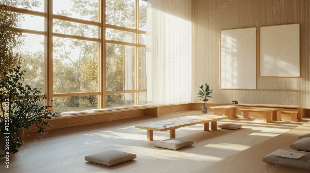 Fototapeta premium A minimalist Japanese tea room with tatami mats, low tables, and large windows overlooking a lush garden.