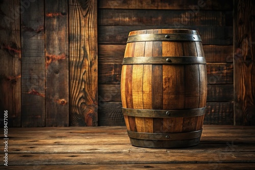 Wooden whiskey barrel standing alone on a rustic wooden planked floor, whiskey barrel, barrel, wooden storage