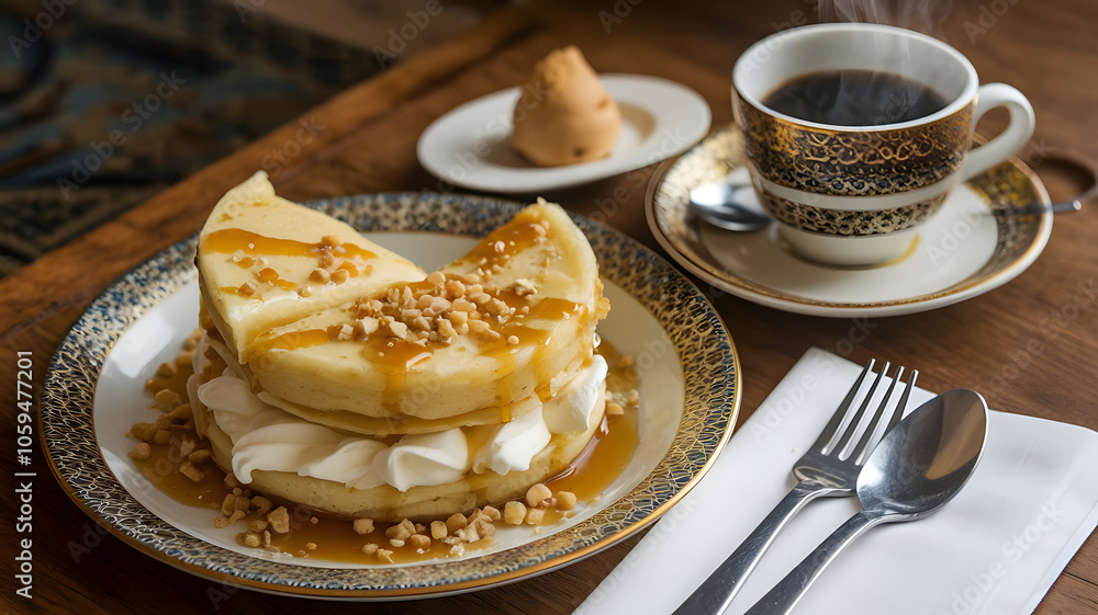 Qatayef with Cream: Half-moon pancakes filled with sweet cream and drizzled with syrup, served on a patterned plate, garnished with crushed nuts, alongside a steaming cup of Arabic coffee.
Qatayef with Cream: Half-moon pancakes filled with sweet cream and drizzled with syrup, served on a patterned plate, garnished with crushed nuts, alongside a steaming cup of Arabic coffee.